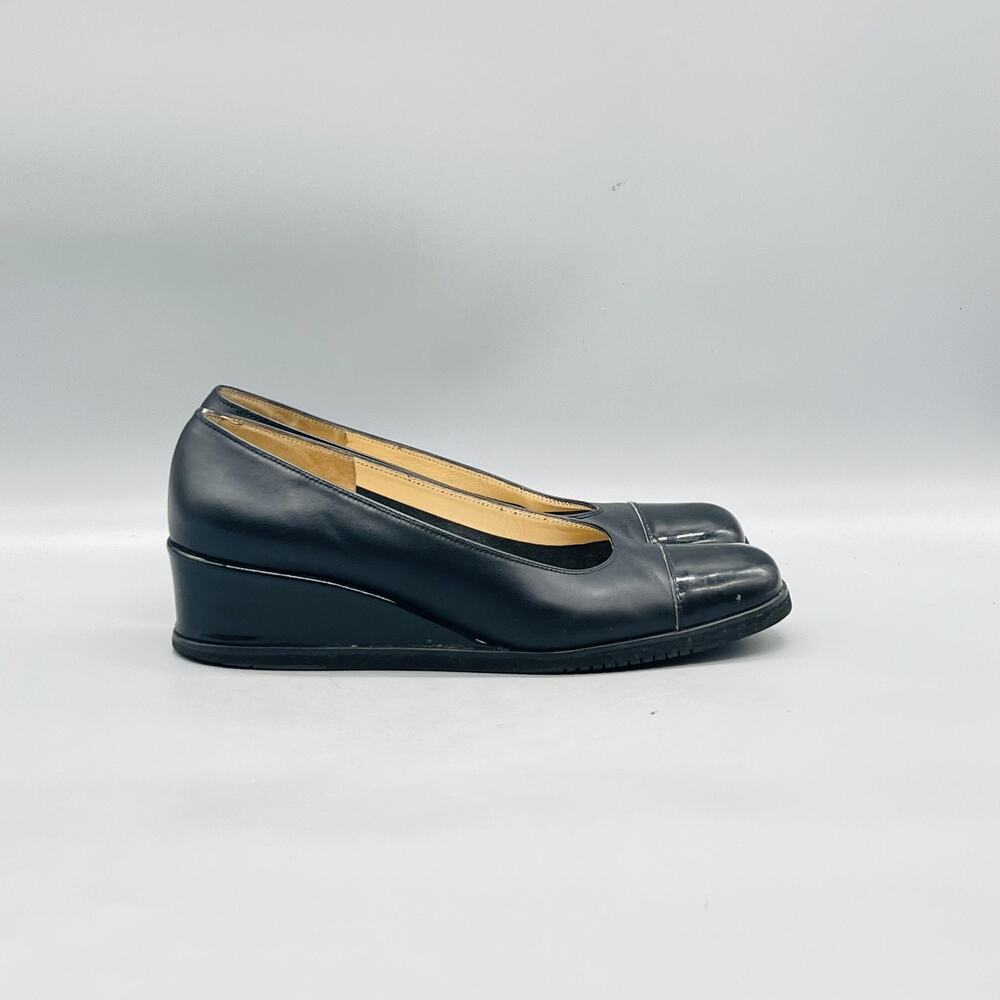 Salvatore Ferragamo Shoes Womens 7.5 Black Leather Wedge Pumps Square Cap Toe